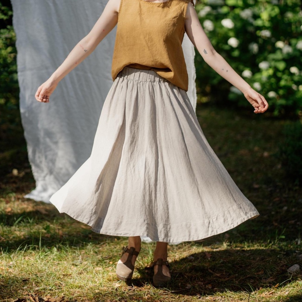 High waisted, beige, midi skirt linen